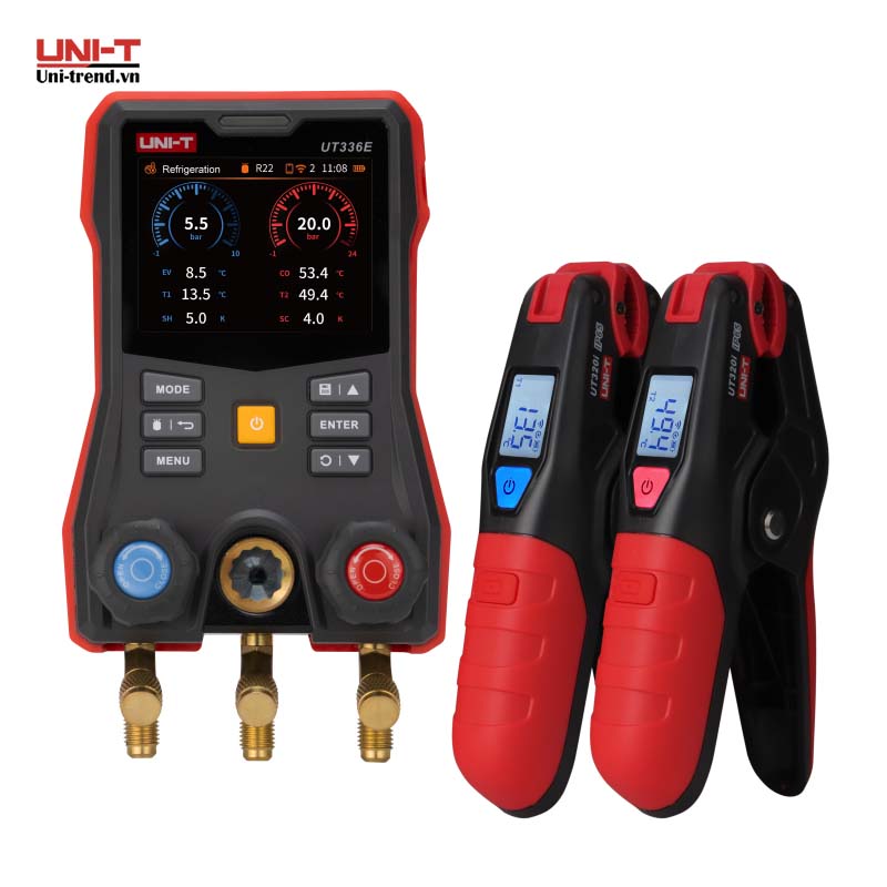 Máy đo áp suất lạnh điện tử UNI-T UT336E KIT kèm 2 kẹp không dây (60 Bar, 150°C, Wireless, IP54)